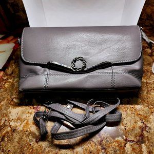 Gray clutch/shoulder bag with magnetic closure and inside zippers faux leather